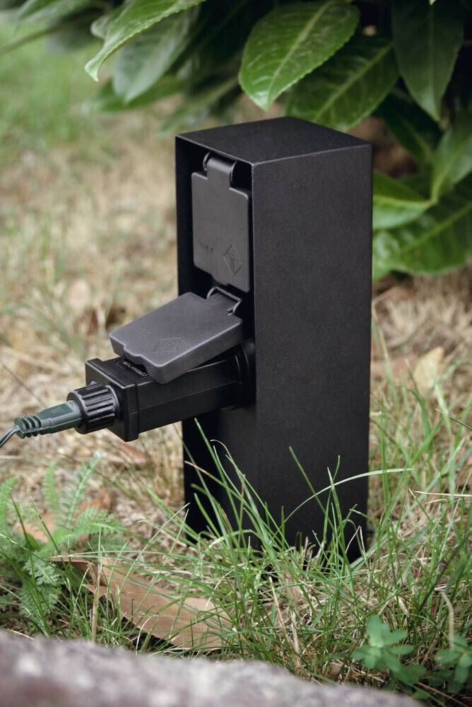 LED Universum Außensteckdose 2 Steckplätze Metall schwarz matt