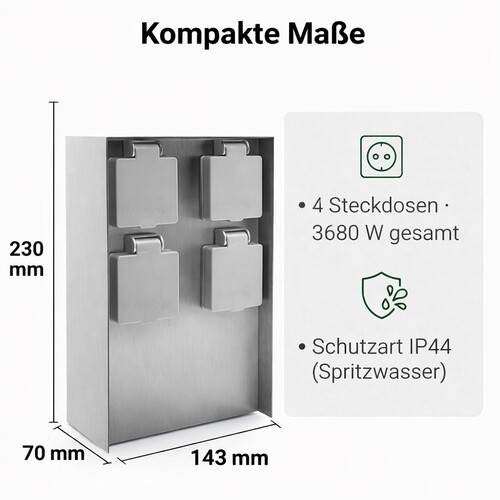LED Universum Außensteckdose 4 Steckplätze silber