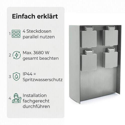 LED Universum Außensteckdose 4 Steckplätze silber