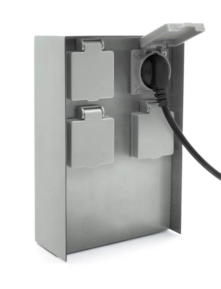 LED Universum Außensteckdose 4 Steckplätze silber