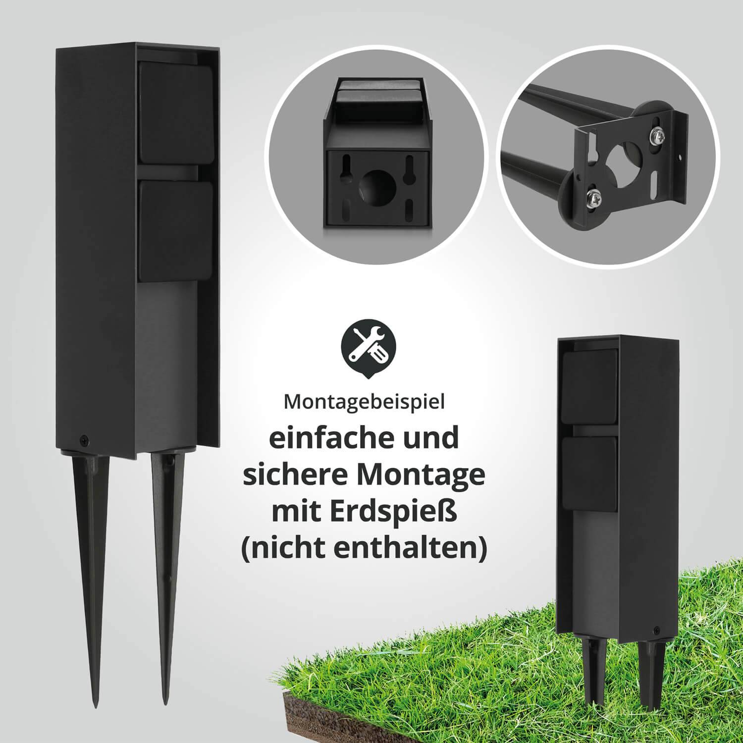 Produktbild zeigt schwarzen Außenpfosten, der auf zwei Erdspießen montiert ist; der Text besagt „Assembly example simple and secure installation with ground spike (not included)