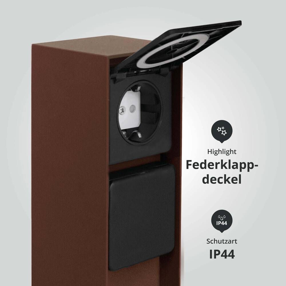 LED Universum Außensteckdose "ADAM 2" - rost braun - schwarze Abdeckung - 2 Steckplätze