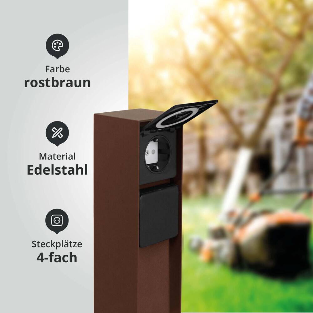 LED Universum Außensteckdose "ADAM 2" - rost braun - schwarze Abdeckung - 2 Steckplätze