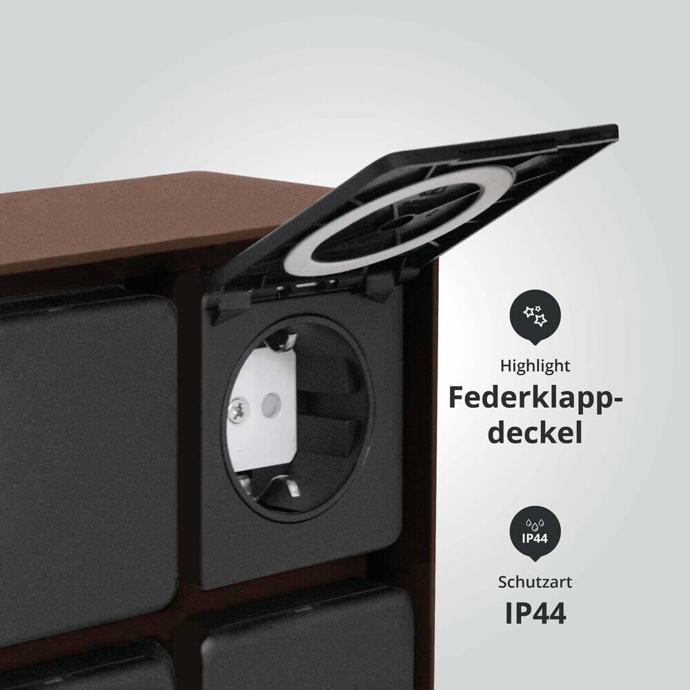 LED Universum Außensteckdose "ADAM 4" - rost braun - schwarze Abdeckung - 4 Steckplätze