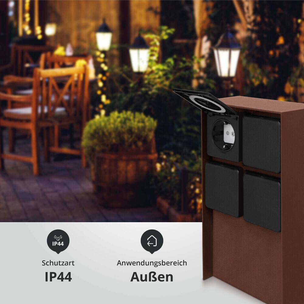 LED Universum Außensteckdose "ADAM 4" - rost braun - schwarze Abdeckung - 4 Steckplätze