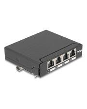 Ein schwarzer Netzwerk-Switch mit vier Ethernet-Ports, beschriftet von 1 bis 4, geeignet für Kategorie-5e- oder Kategorie-6-Kabel.