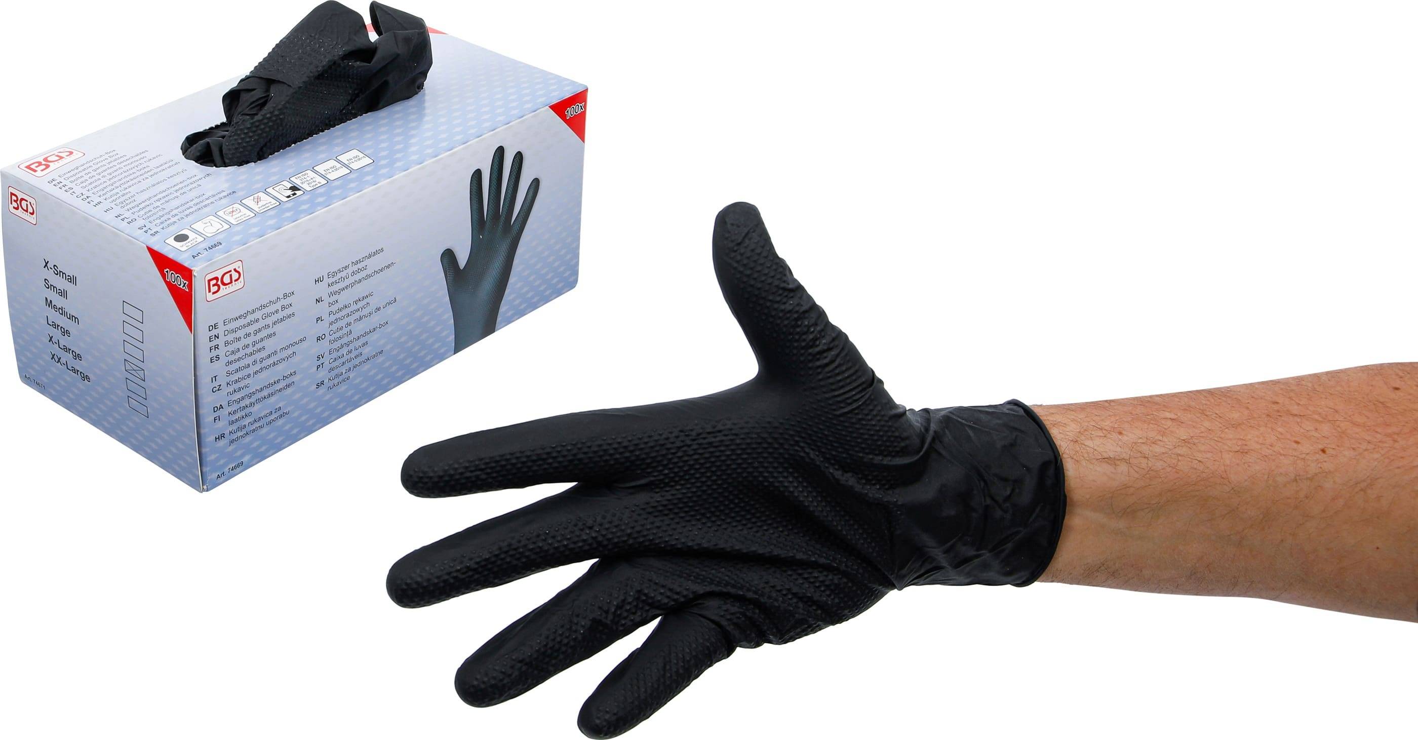 BGS TECHNIC Einweghandschuhe-Box, Nitril, Gr.L, mit extra Griffigkeit, 100 Stück