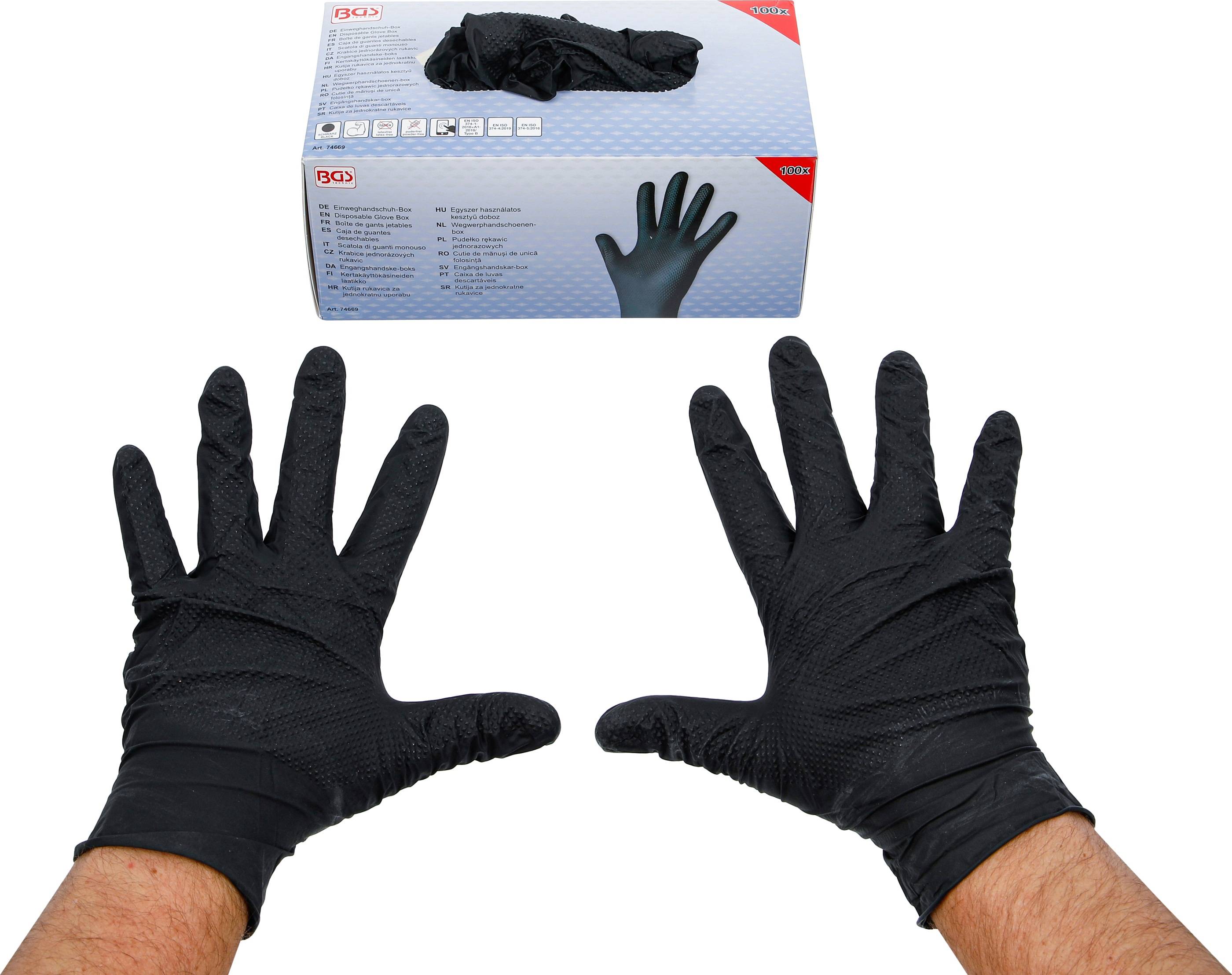 BGS TECHNIC Einweghandschuhe-Box, Nitril, Gr.L, mit extra Griffigkeit, 100 Stück