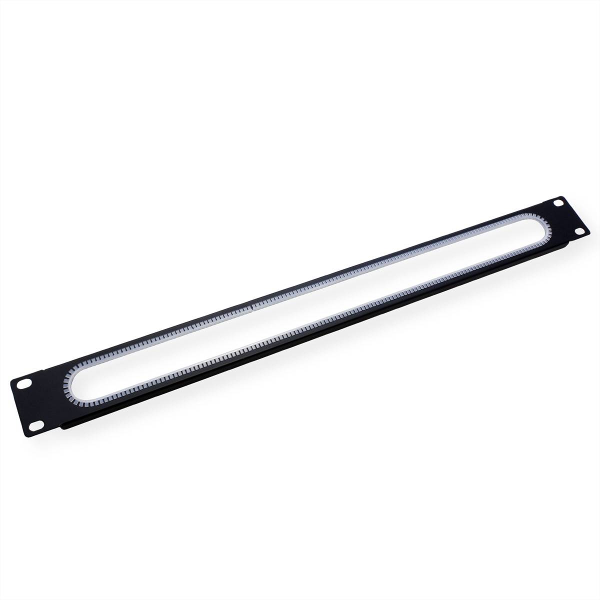 Ein rechteckiges Rack-Montageleuchte aus Kunststoff mit schwarzem Rahmen und einem weißen leuchtenden Mittelstreifen, entwickelt für Gerätegestelle.