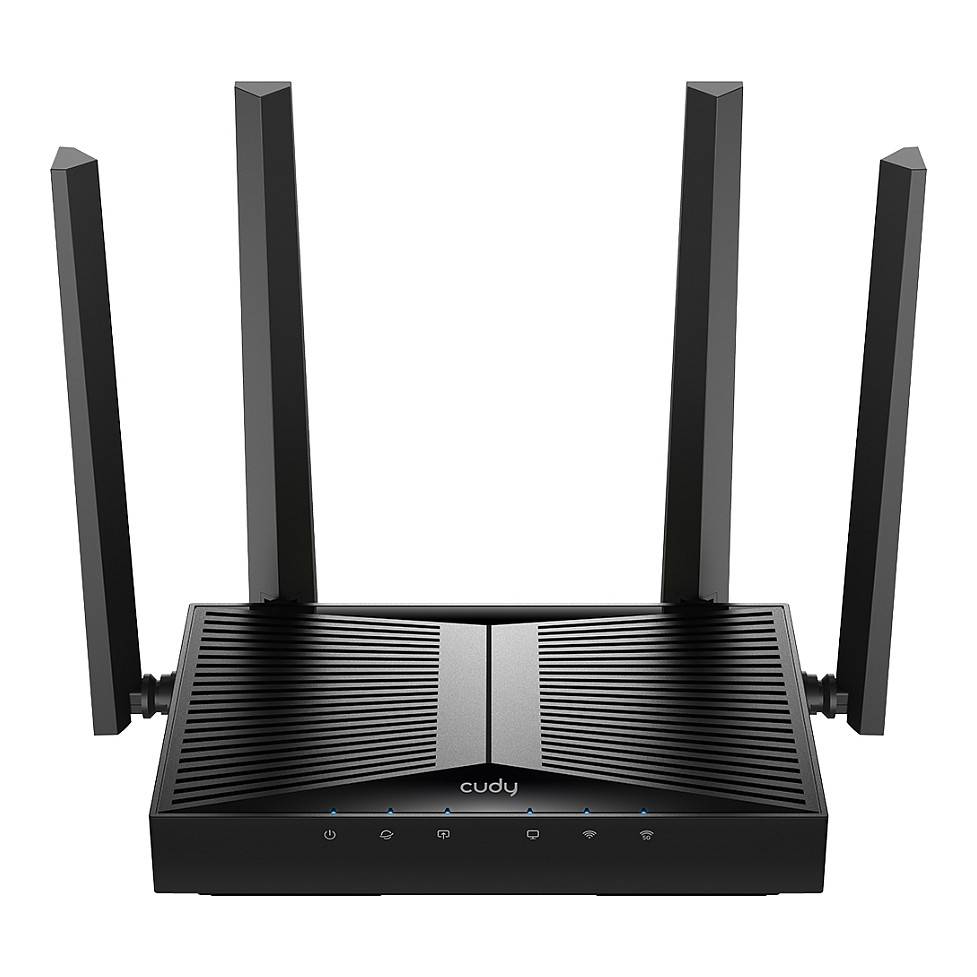 Ein schwarzer rechteckiger WLAN-Router mit vier Antennen, auf der Vorderseite mit „cudy
