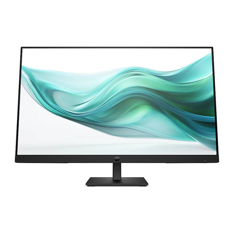 Computermonitor mit schlankem, minimalistischem Design mit dünnem schwarzem Rahmen und einer wirbelnden türkisfarbenen Welle auf dem Bildschirm.