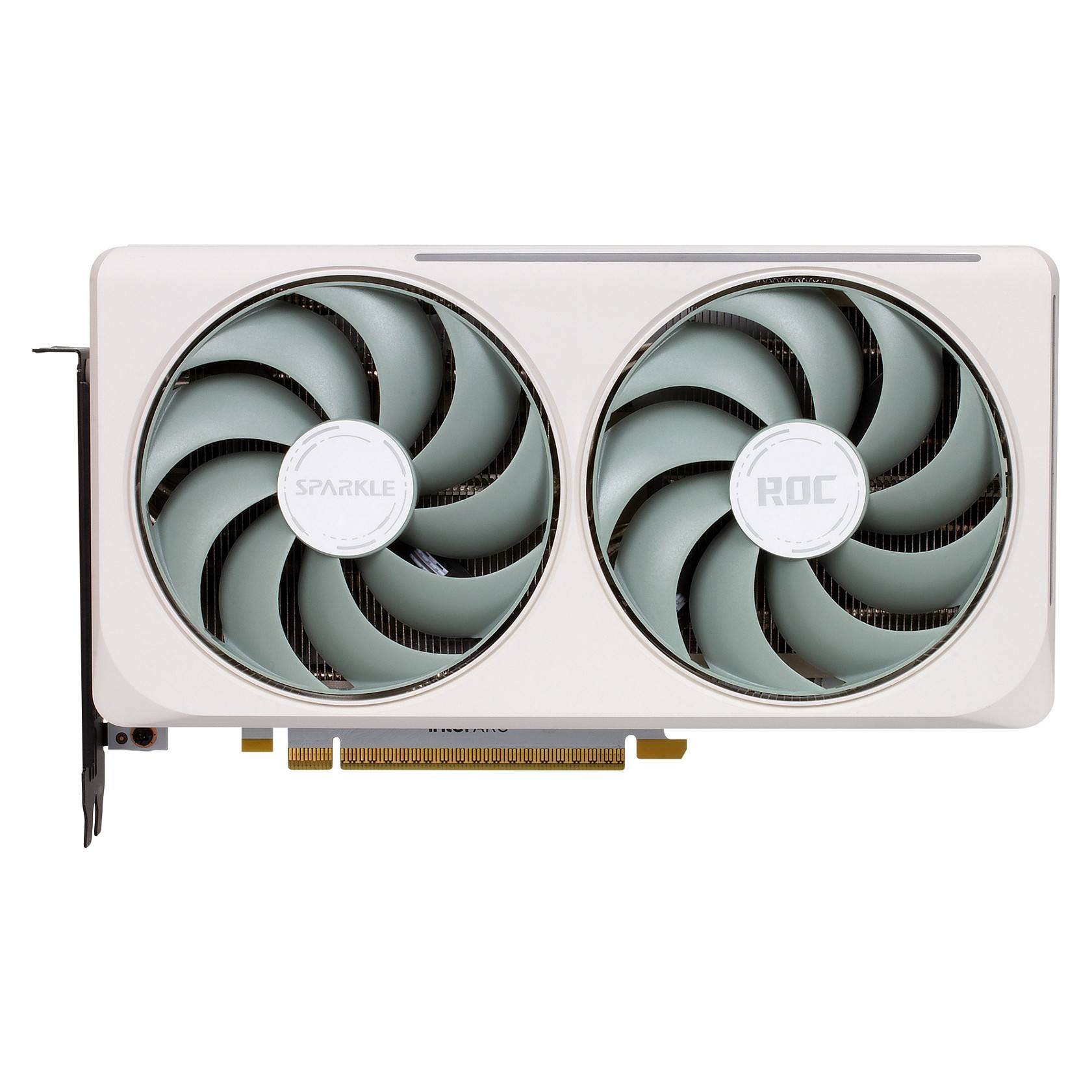 Eine weiße Grafikkarte für Computer mit zwei großen Kühlungsventilatoren mit den Bezeichnungen 'SPARKLE' und 'ROC', entworfen für hochleistungsfähiges Gaming und Datenverarbeitung.