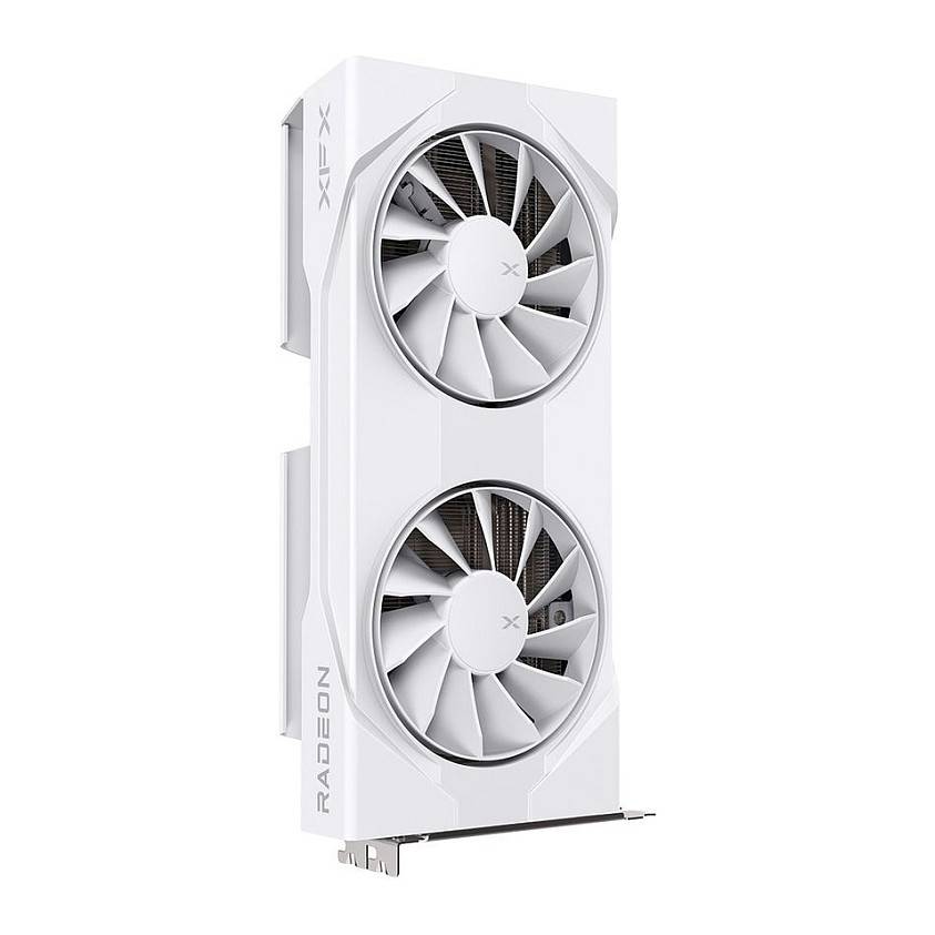 Eine weiße Grafikkarte mit zwei Kühlerlüftern und dem Logo 