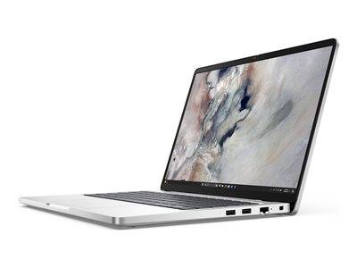 Ein eleganter, silberfarbener Laptop mit einem wolkigen abstrakten Hintergrund auf dem Bildschirm, mit sichtbaren USB-Anschlüssen an der Seite.