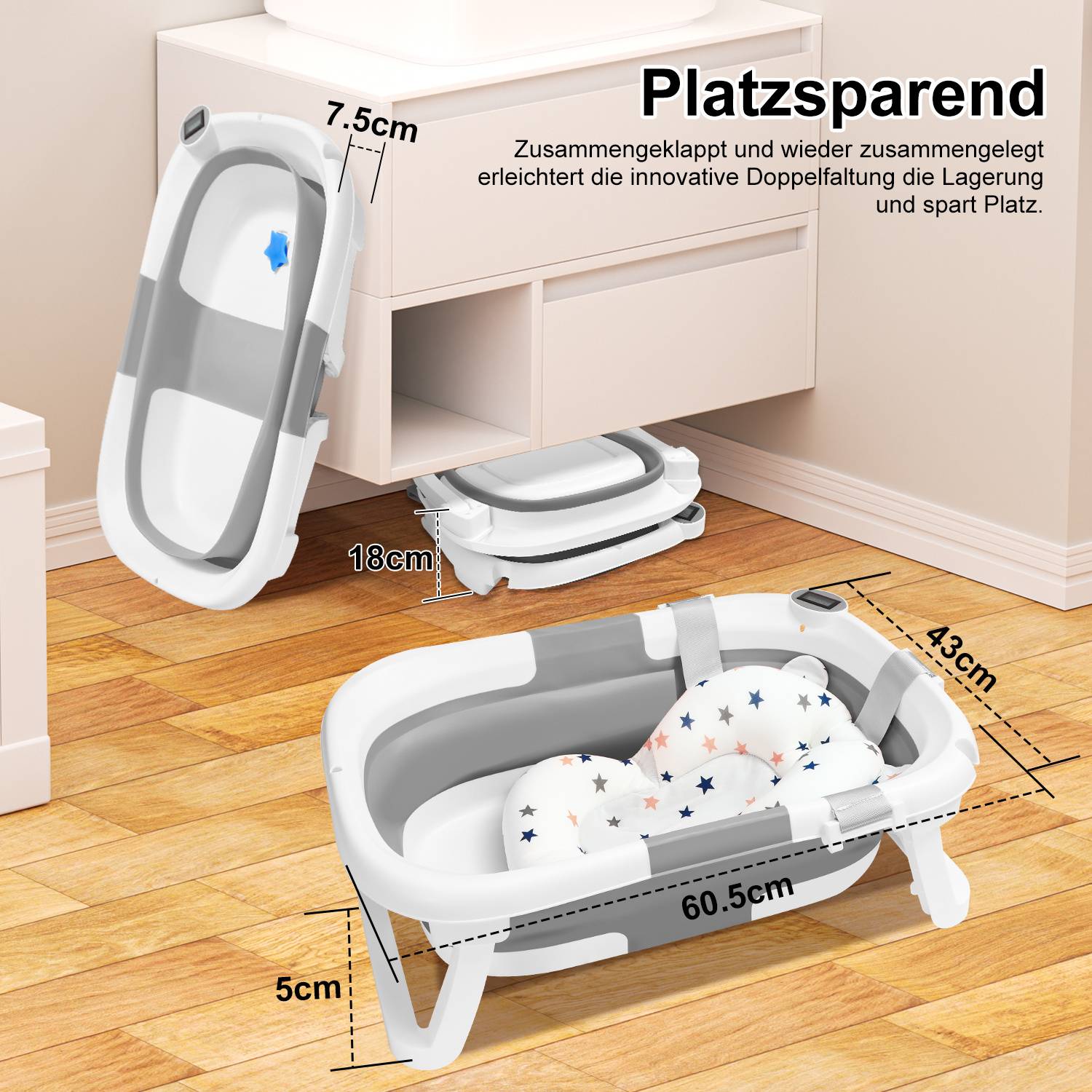 Babybadewanne mit Waschbecken und Shampoobecher, faltbare Babywanne, Badewanne für Baby, Kunststoff, 60,5x43x20,5cm, Grau