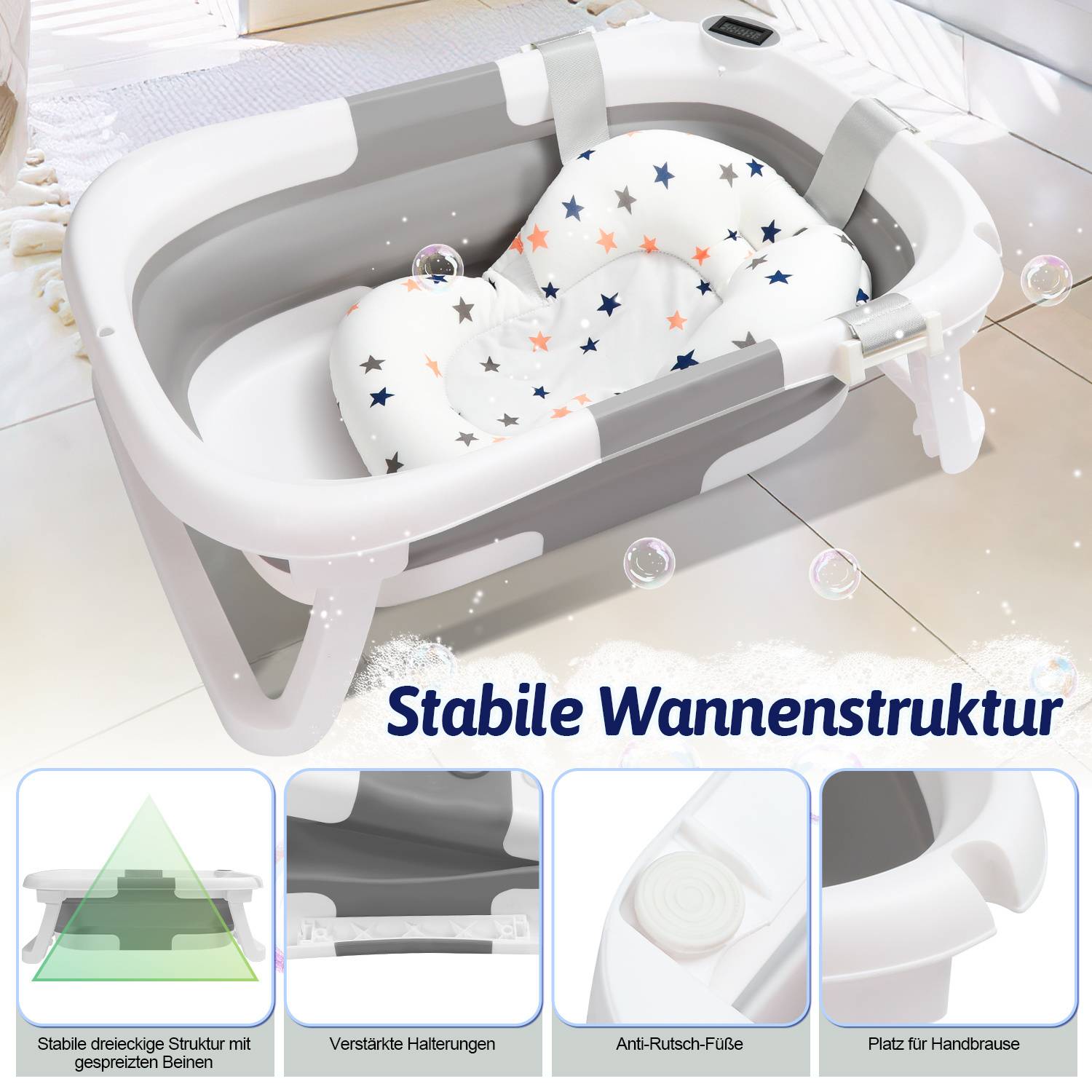 Baby Badewanne Kissen Pad Duschmatte Faltbare Duschunterlage Badkissen Badesitz, Grau