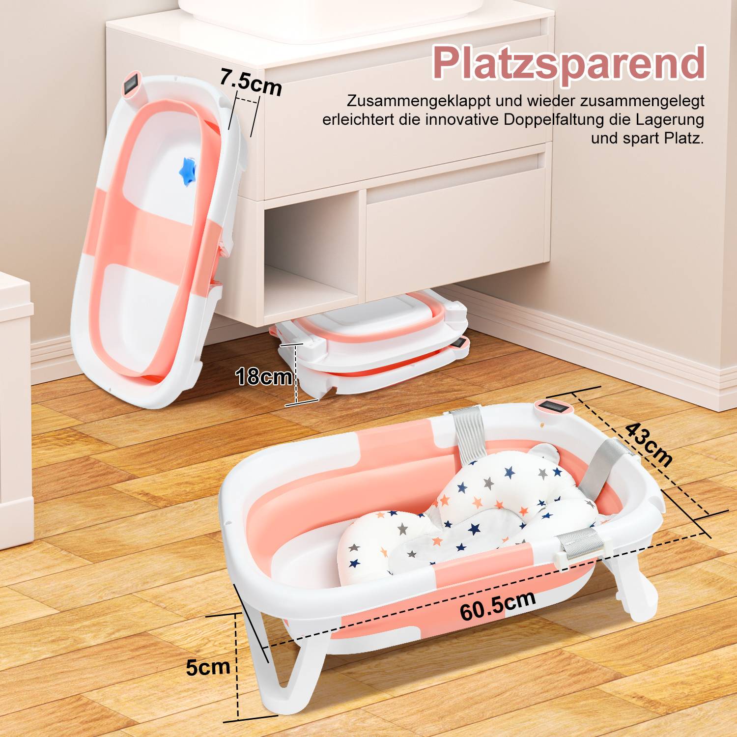 Babybadewanne mit Waschbecken und Shampoobecher, faltbare Babywanne, Badewanne für Baby, Kunststoff, 60,5x43x20,5cm,Rosa