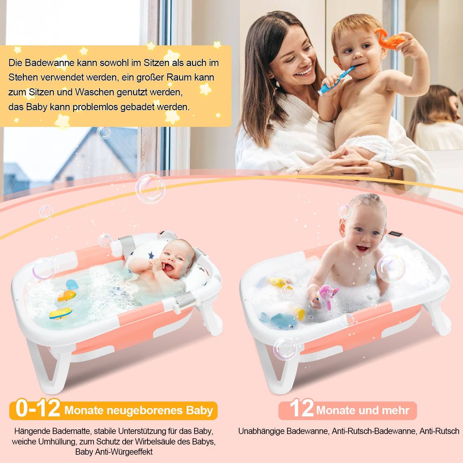 Baby Badewanne Babywanne Bathtub Badesitz faltbar mit Thermometer verstärkten Haltegurten für Babys für 0-6 Jahre Rosa