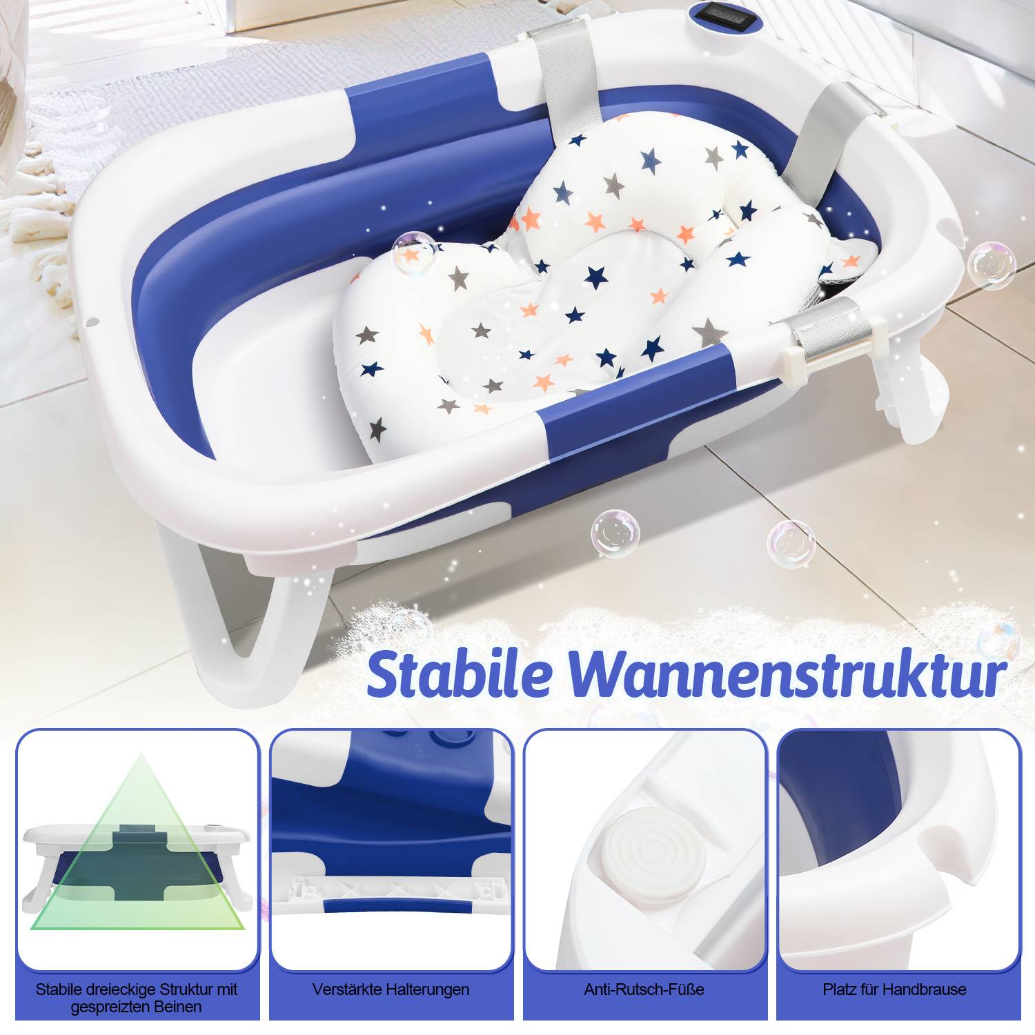 Babybadewanne mit Waschbecken und Shampoobecher, faltbare Babywanne, Badewanne für Baby, Kunststoff, 60,5x43x20,5cm,Blau