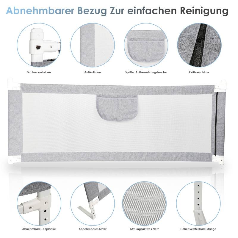 Bettgitter 200*80 cm Bettschutzgitter Kinderbettgitter für Kinder Klappbar Höhenverstellbar Rausfallschutz ​passend für Kinderbetten, Elternbette
