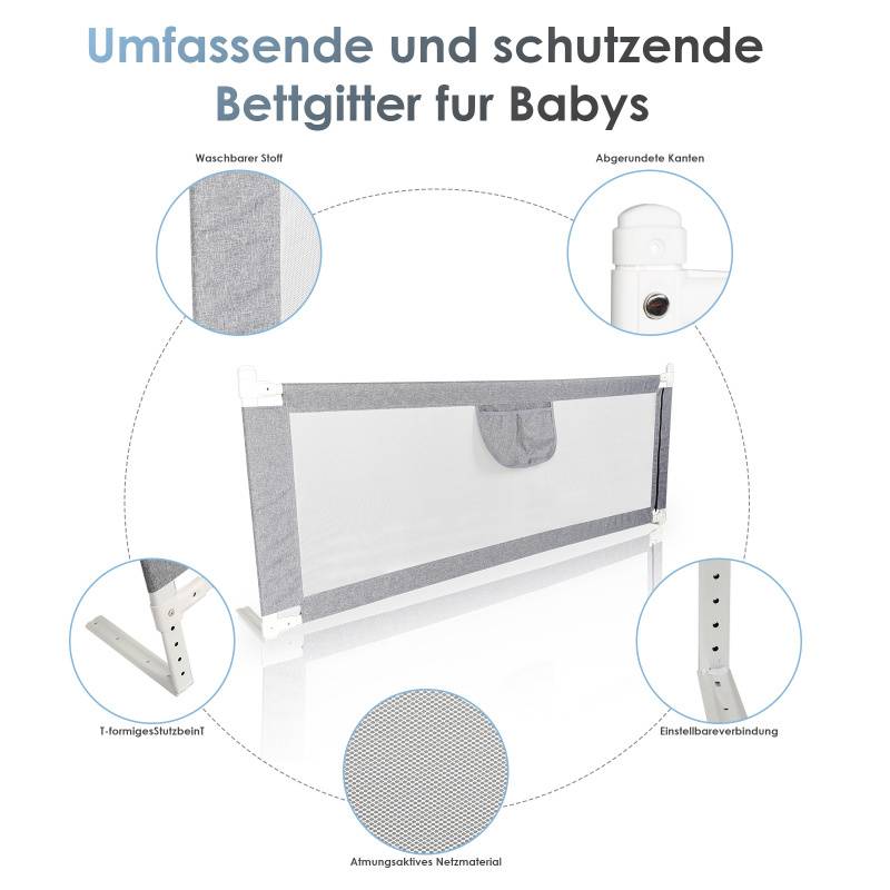 Bettgitter 200*80 cm Bettschutzgitter Kinderbettgitter für Kinder Klappbar Höhenverstellbar Rausfallschutz ​passend für Kinderbetten, Elternbette