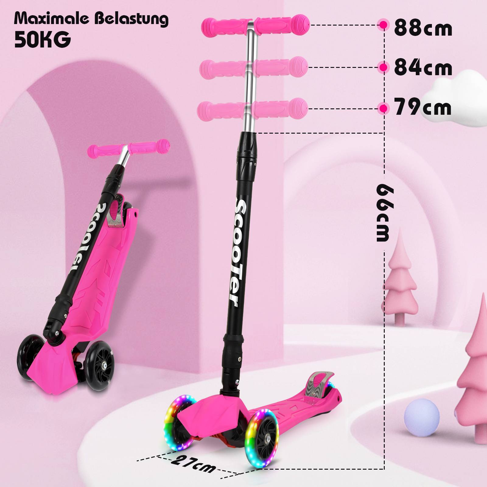 Kinderroller Funscooter Tretroller Kickroller Faltbar 3-LED-Räder-Kinderroller bis 50 kg Höhenverstellbar Rosa