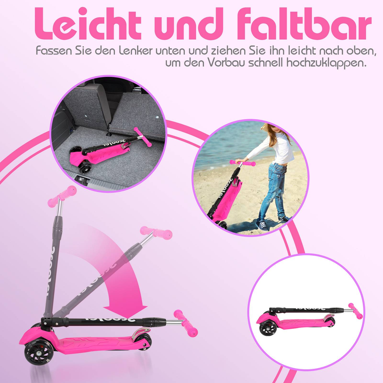 Kinderroller Funscooter Tretroller Kickroller Faltbar 3-LED-Räder-Kinderroller bis 50 kg Höhenverstellbar Rosa