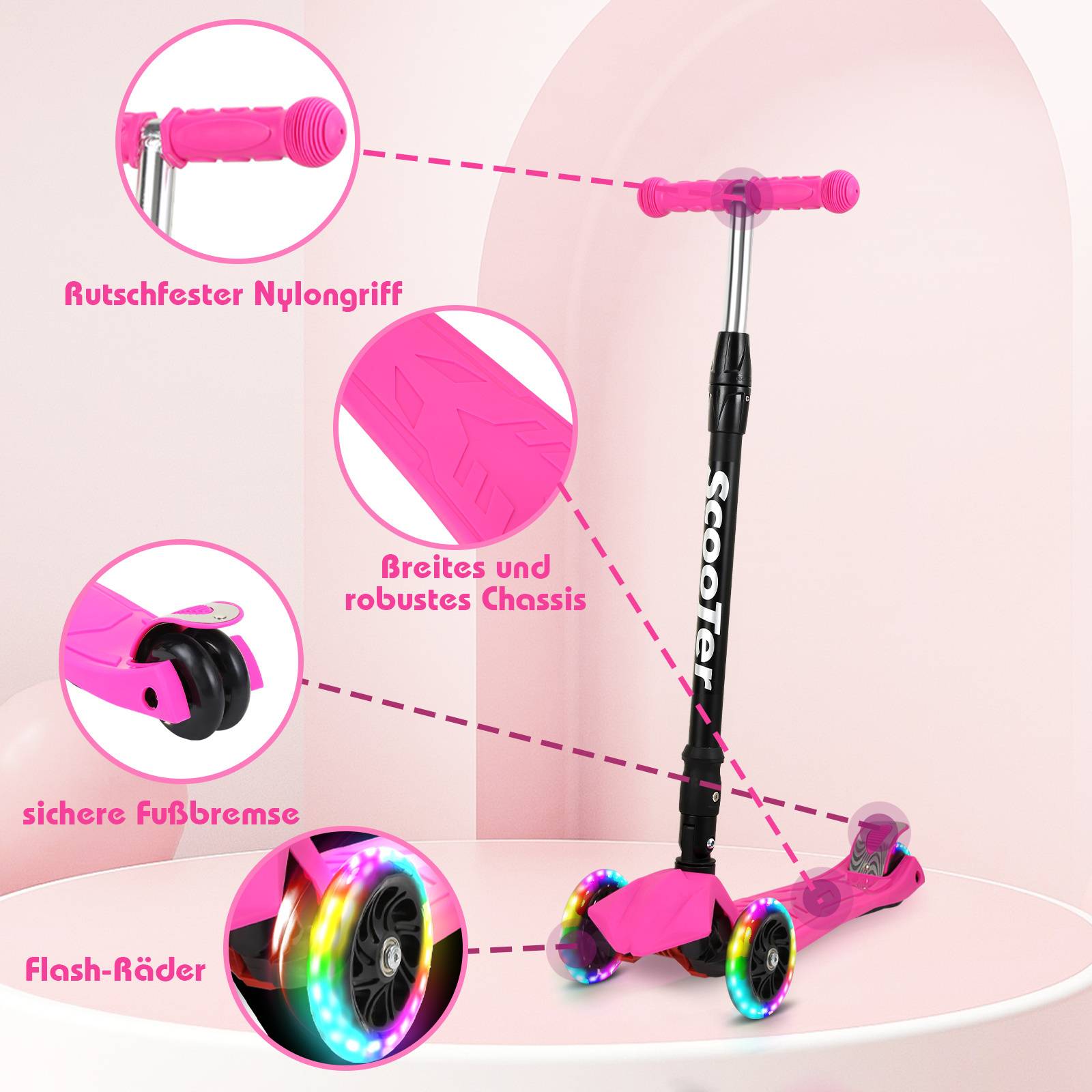 Kinderroller Funscooter Tretroller Kickroller Faltbar 3-LED-Räder-Kinderroller bis 50 kg Höhenverstellbar Rosa
