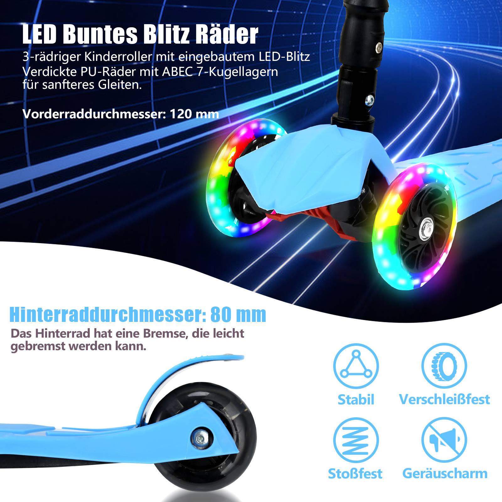 Kinderroller Faltbar Tretroller Cityroller LED Räder Kickscooter Dreiradscooter Höhenverstellbar Blau