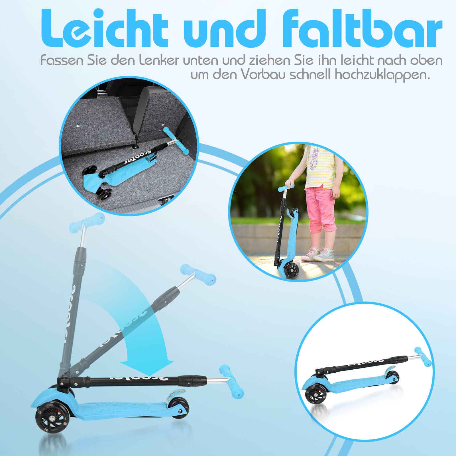 Kinderroller Funscooter Tretroller Kickroller Faltbar 3-LED-Räder-Kinderroller bis 50 kg Höhenverstellbar Blau