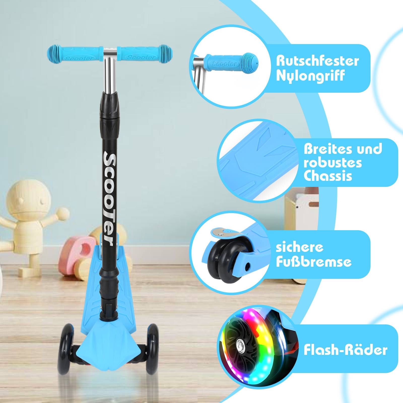 Kinderroller Funscooter Tretroller Kickroller Faltbar 3-LED-Räder-Kinderroller bis 50 kg Höhenverstellbar Blau