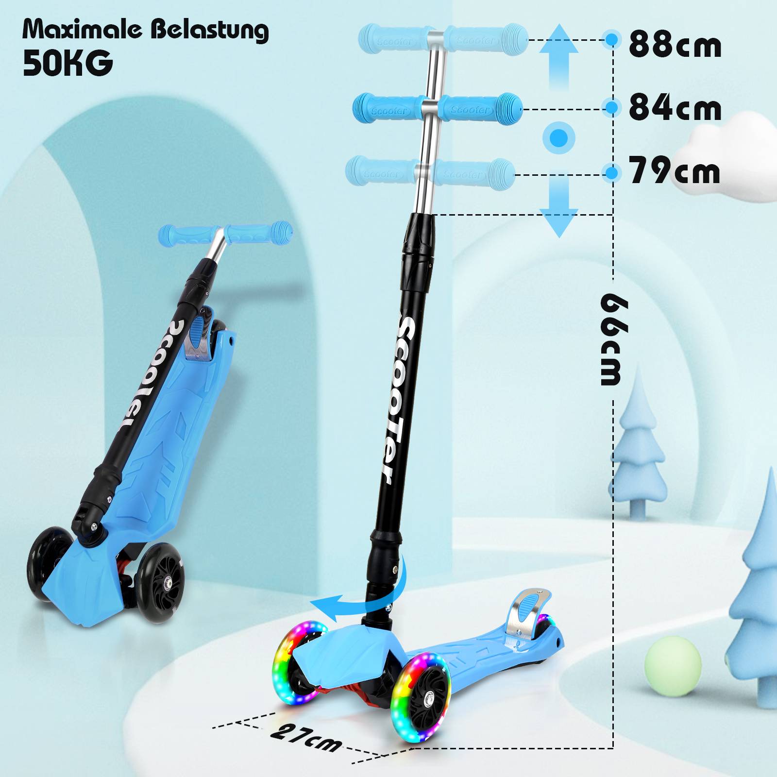 Kinderroller Faltbar Tretroller Cityroller LED Räder Kickscooter Dreiradscooter Höhenverstellbar Blau