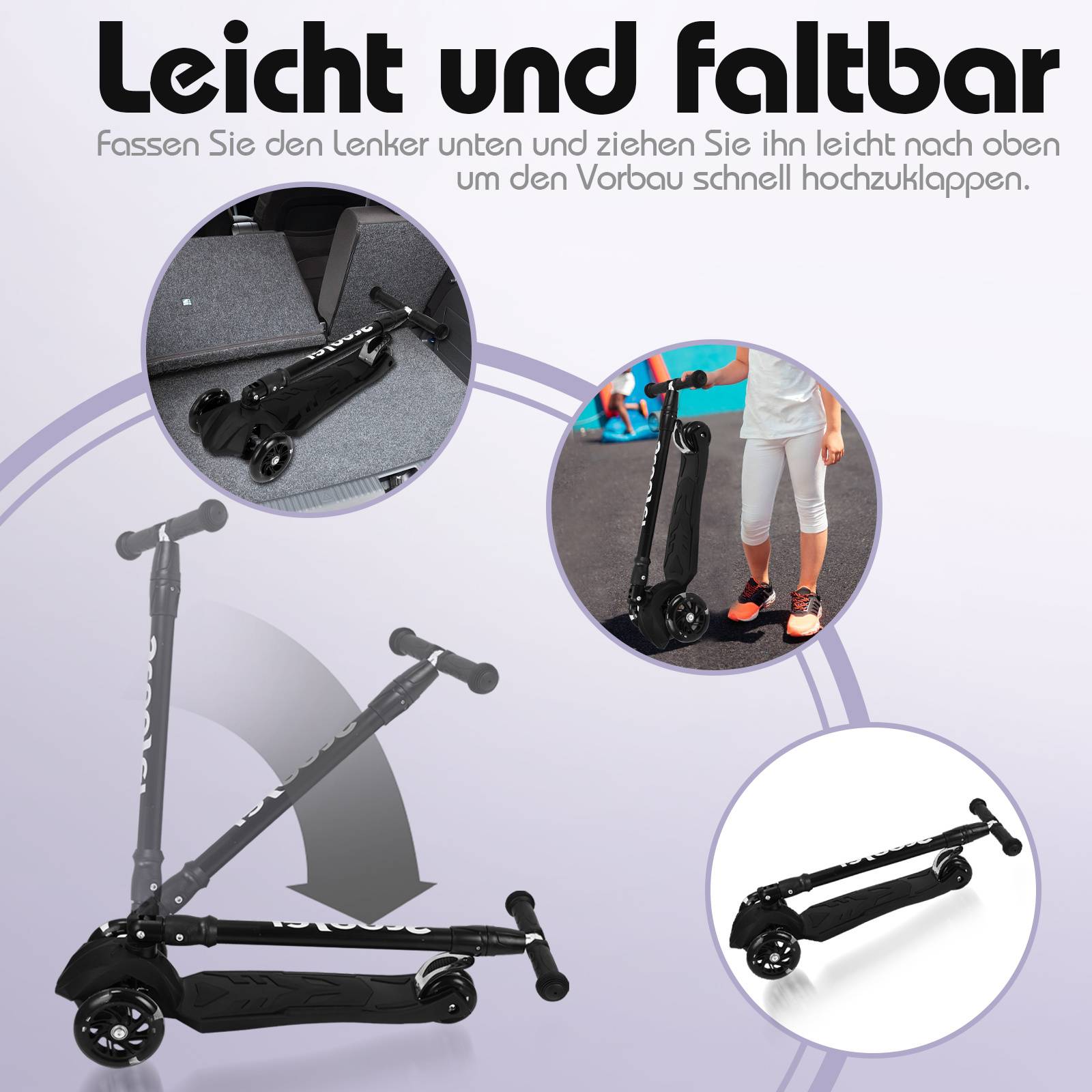 Kinderroller Funscooter Tretroller Kickroller Faltbar 3-LED-Räder-Kinderroller bis 50 kg Höhenverstellbar Schwarz