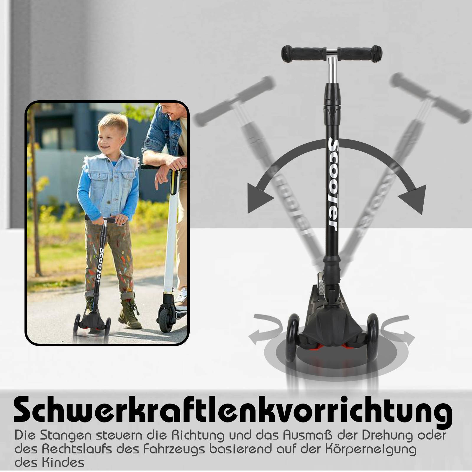 Kinderroller Faltbar Tretroller Cityroller LED Räder Kickscooter Dreiradscooter Höhenverstellbar Schwarz