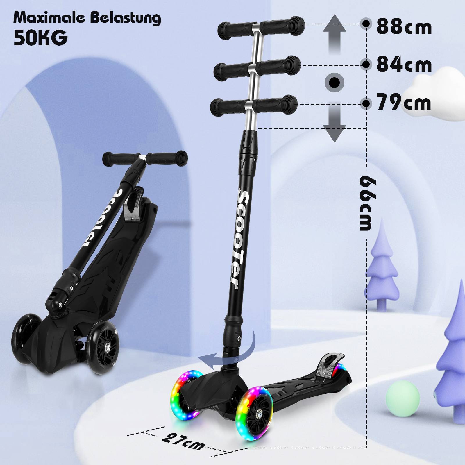 Kinderroller Funscooter Tretroller Kickroller Faltbar 3-LED-Räder-Kinderroller bis 50 kg Höhenverstellbar Schwarz