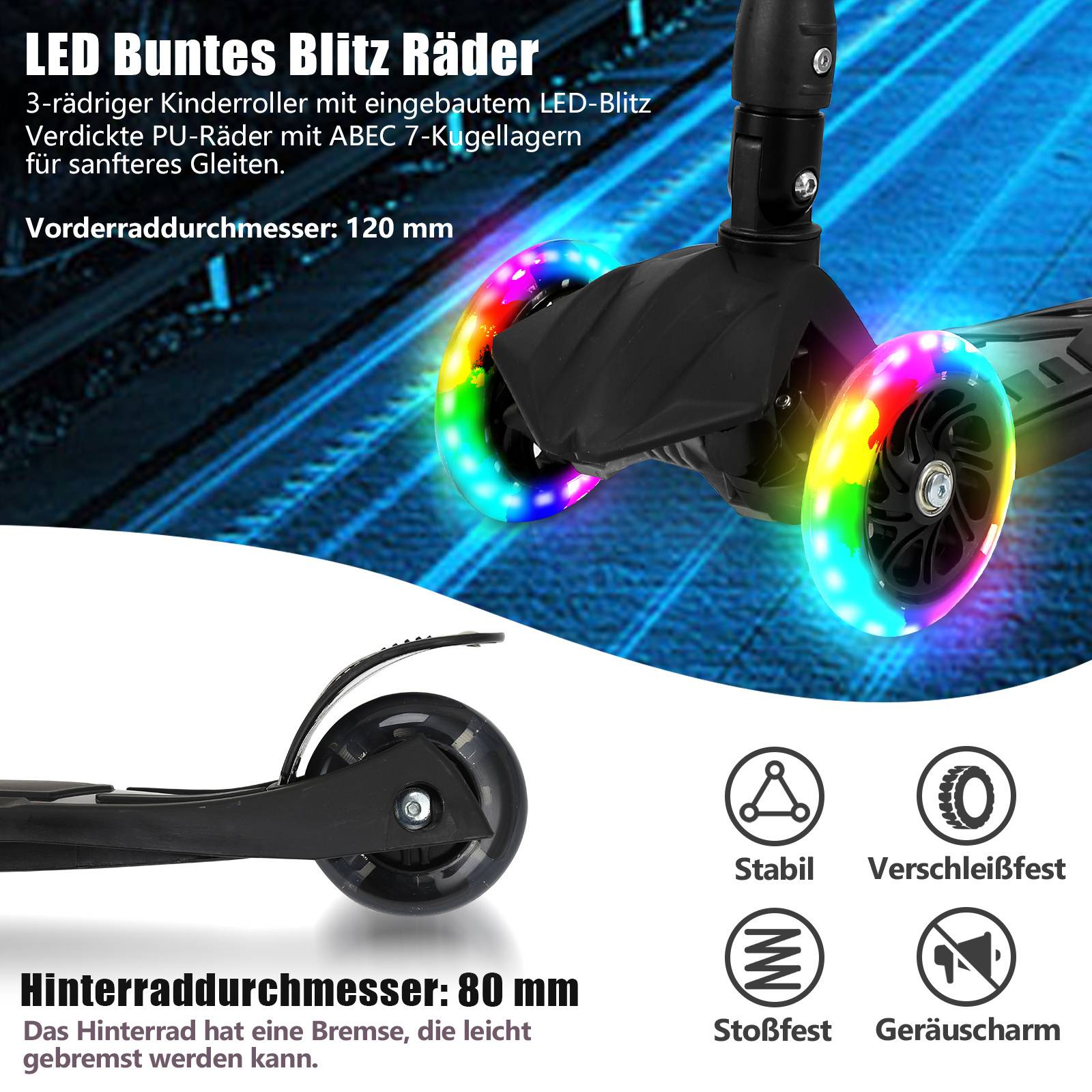 Kinderroller Faltbar Tretroller Cityroller LED Räder Kickscooter Dreiradscooter Höhenverstellbar Schwarz