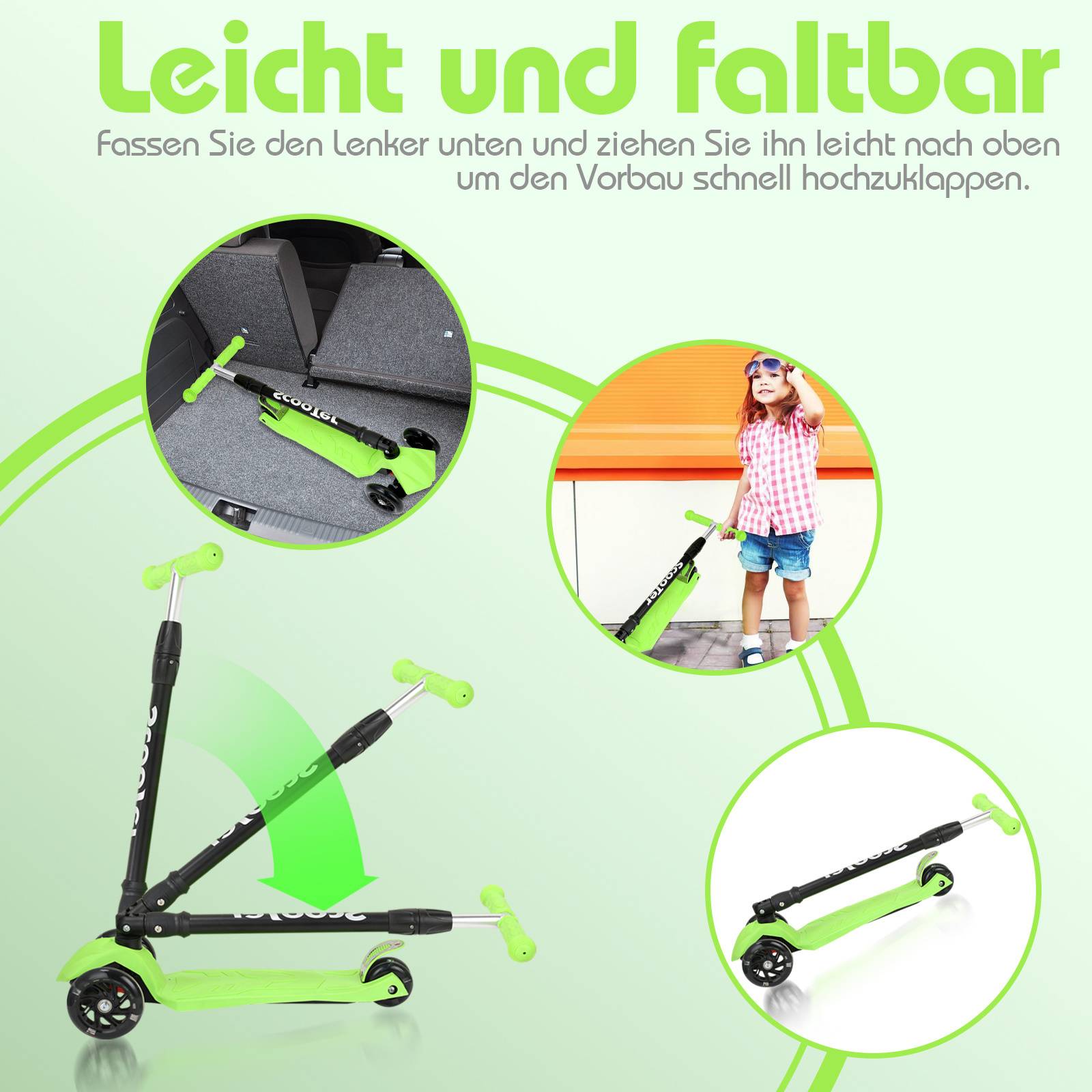 Kinderroller Funscooter Tretroller Kickroller Faltbar 3-LED-Räder-Kinderroller bis 50 kg Höhenverstellbar Grün
