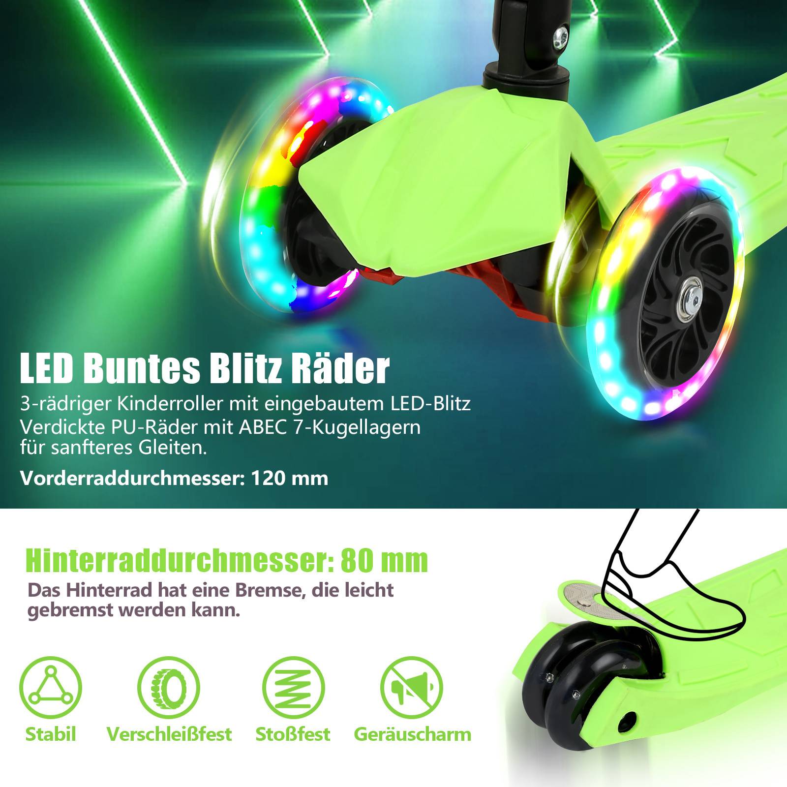 Kinderroller Faltbar Tretroller Cityroller LED Räder Kickscooter Dreiradscooter Höhenverstellbar Grün