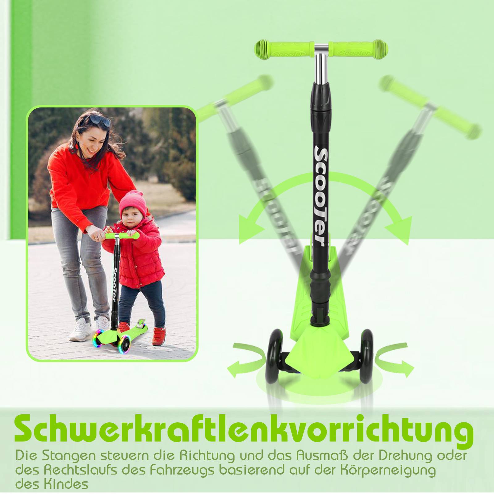 Kinderroller Funscooter Tretroller Kickroller Faltbar 3-LED-Räder-Kinderroller bis 50 kg Höhenverstellbar Grün