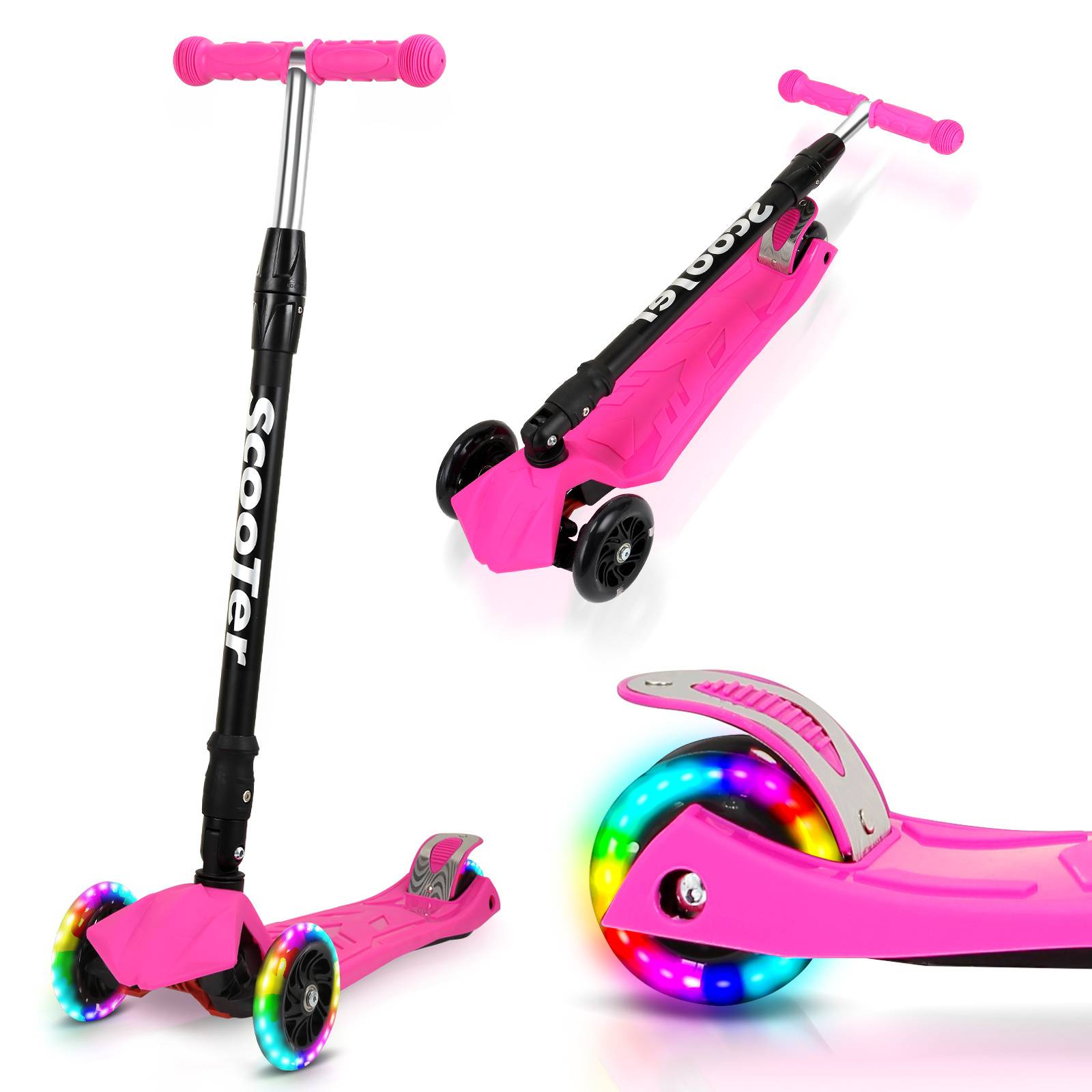Kinderroller Funscooter Tretroller Kickroller Faltbar 3-LED-Räder-Kinderroller bis 50 kg Höhenverstellbar Rosa