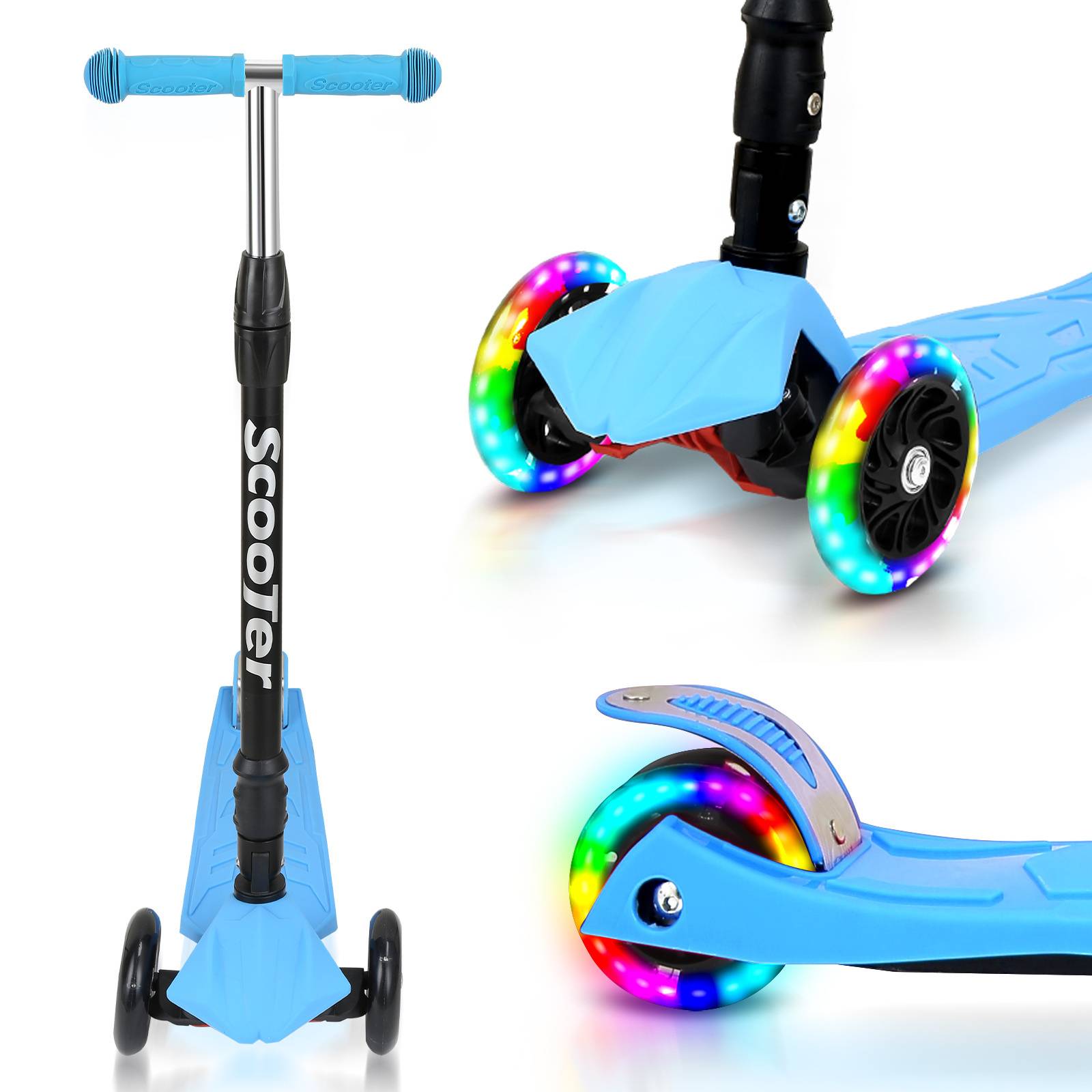 Kinderroller Funscooter Tretroller Kickroller Faltbar 3-LED-Räder-Kinderroller bis 50 kg Höhenverstellbar Blau