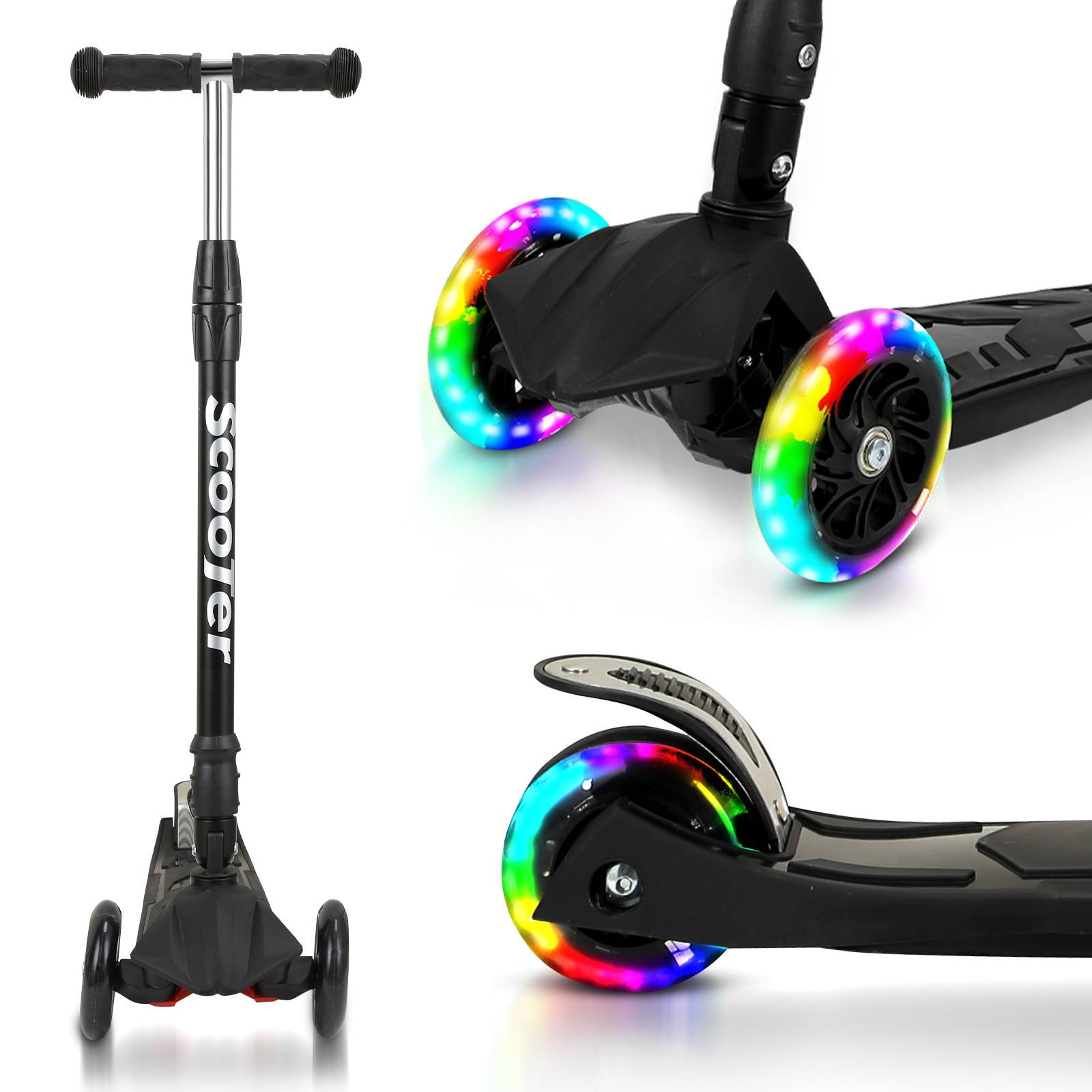 Kinderroller Funscooter Tretroller Kickroller Faltbar 3-LED-Räder-Kinderroller bis 50 kg Höhenverstellbar Schwarz