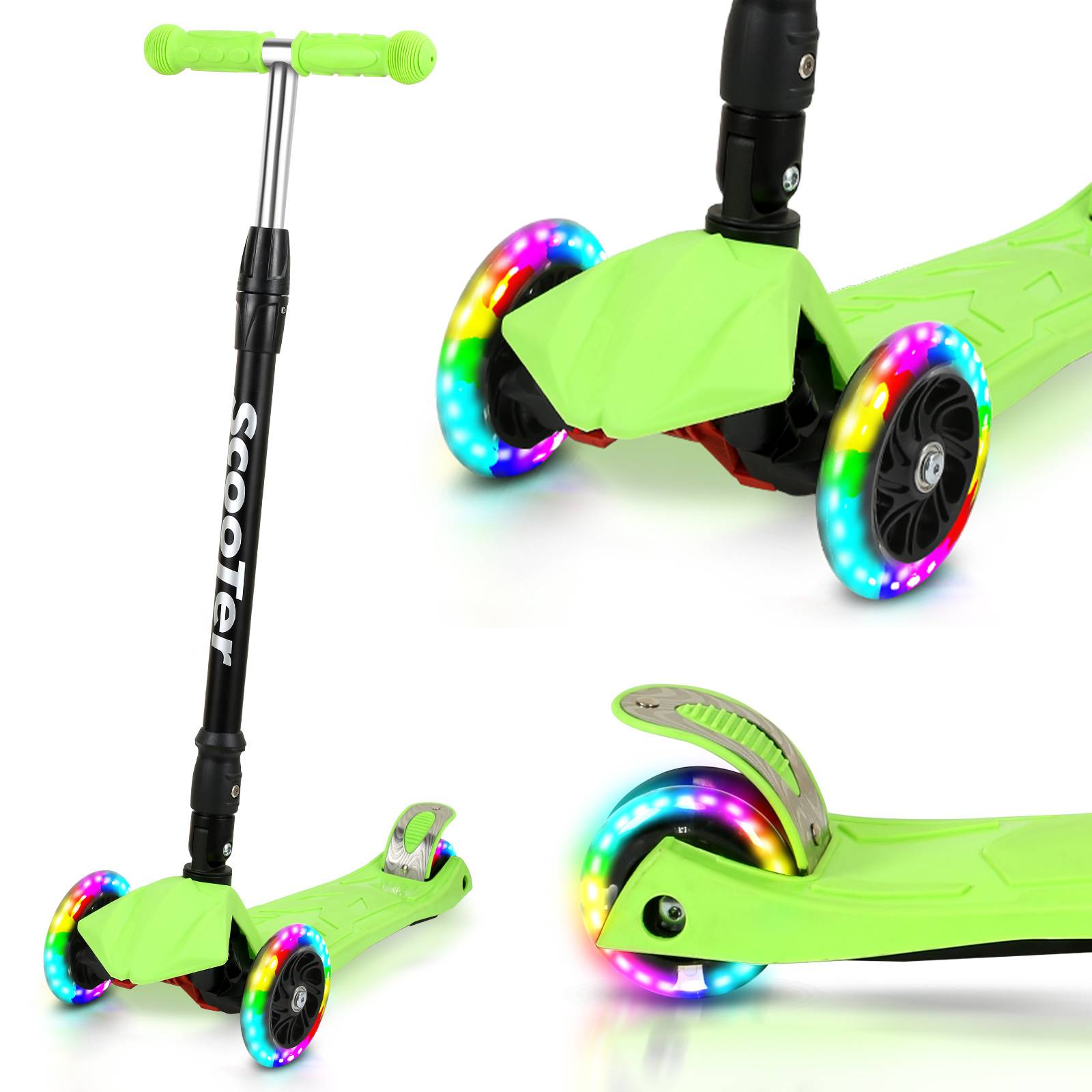 Kinderroller Funscooter Tretroller Kickroller Faltbar 3-LED-Räder-Kinderroller bis 50 kg Höhenverstellbar Grün