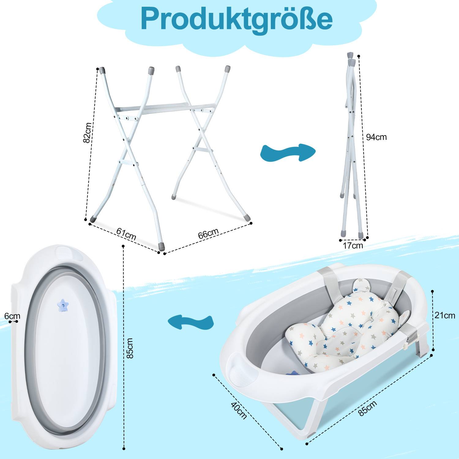 Baby Badewanne Set mit Gestell und Badewannensitz - für Neugeborene und Babys