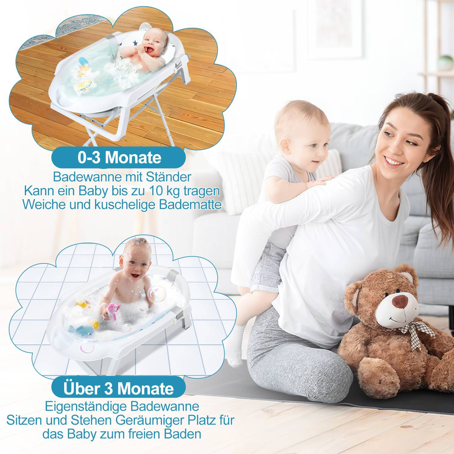 Baby Badewanne Set mit Gestell und Badewannensitz - für Neugeborene und Babys