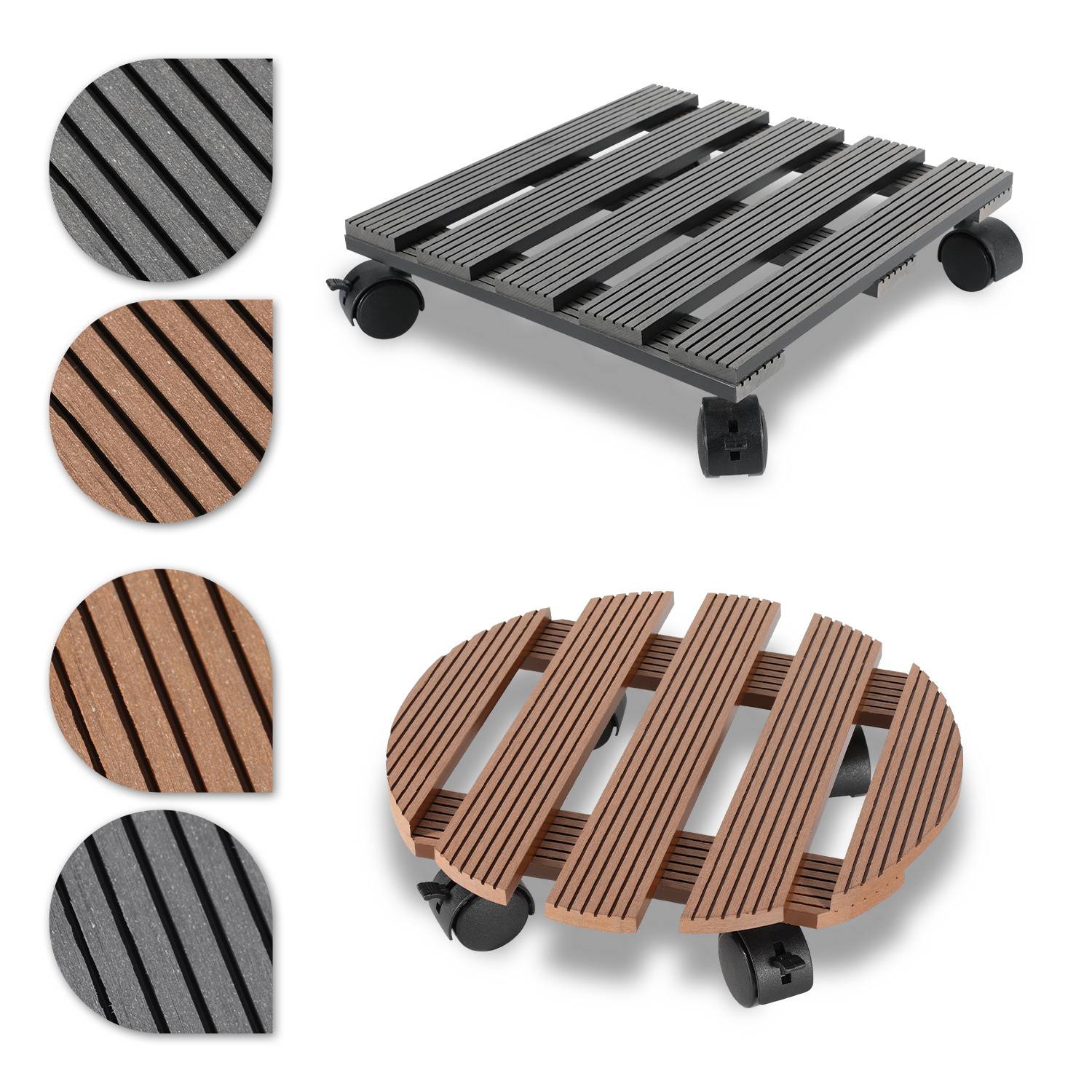 WPC Pflanzenroller Blumenroller Untersetzer, Rollbrett Pflanzen mit PP-Räder, Kübelroller für Außenbereich und Innenbereich,30 x 30 cm,(Grau, Rund