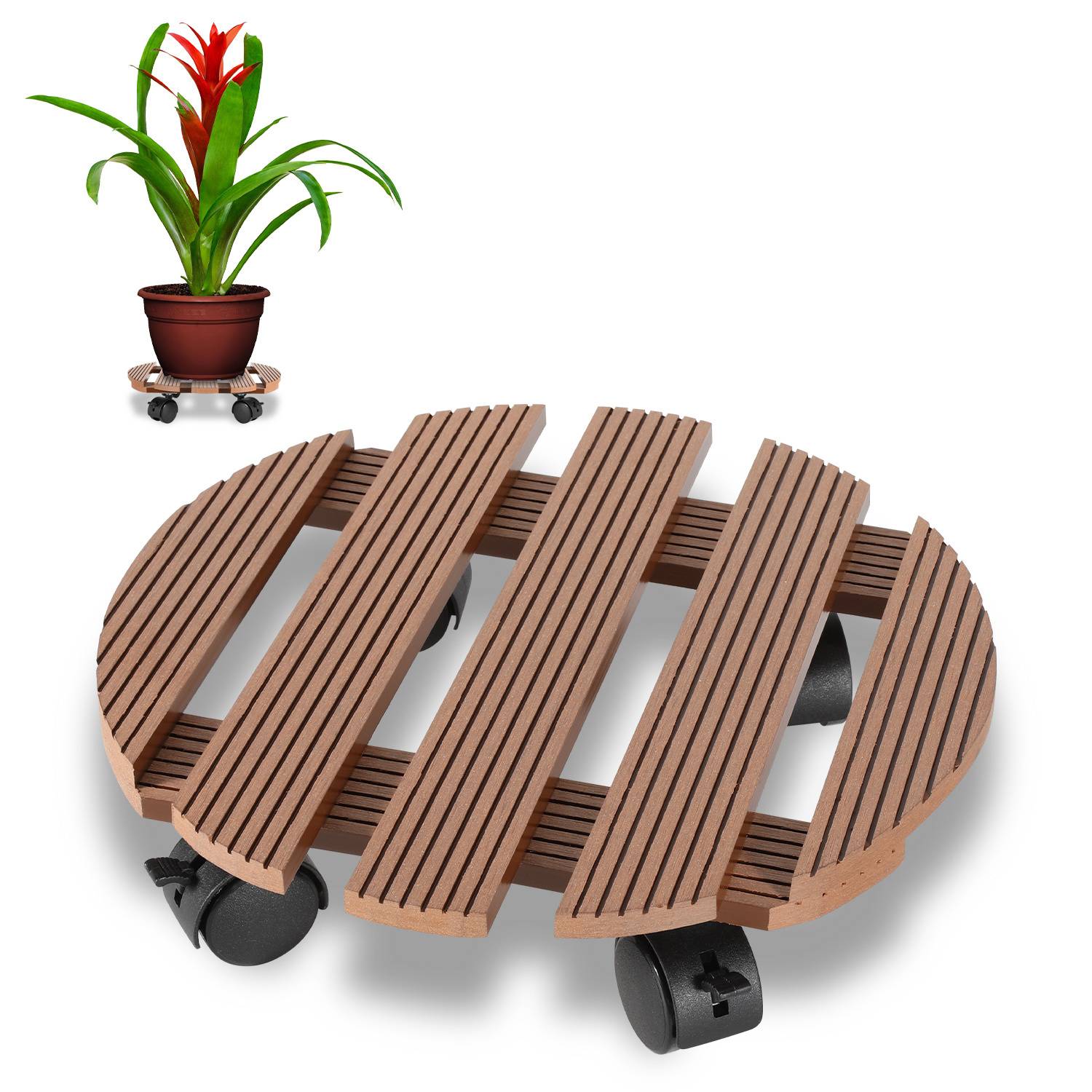 Pflanzenroller WPC 30 x 30 x 7.5 cm, für außen & innen, Tragkraft 80 kg, wetterfest, Braun, Rund