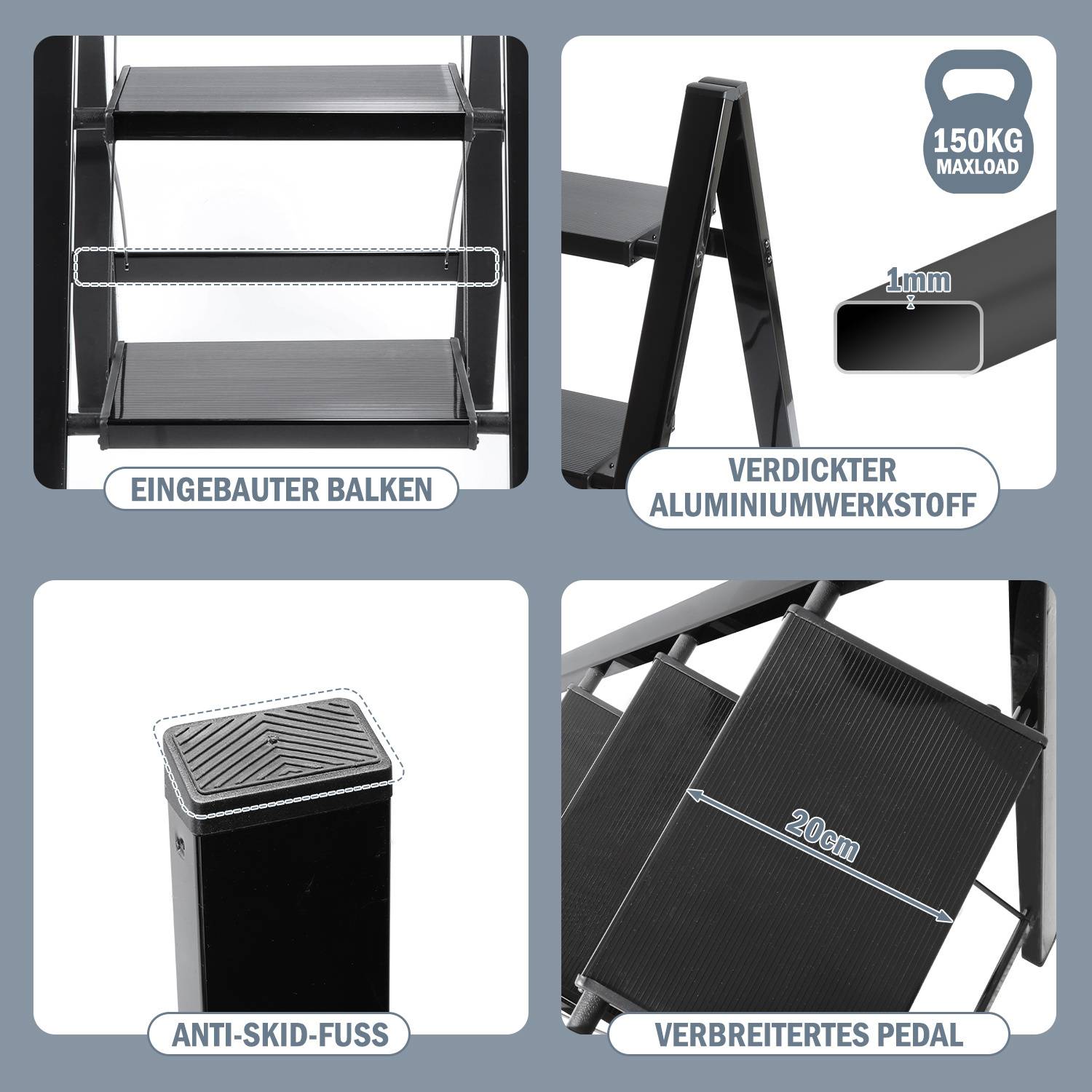 Klappleiter 2 Stufen Schwarz Stehleiter Trittleiter Klapptritt Alu