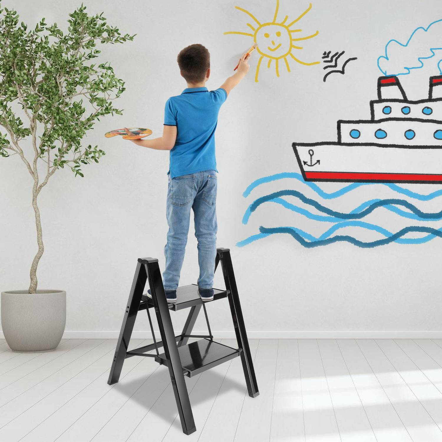 Stehleiter Klappleiter 2 Stufen Schwarz Trittleiter Klapptritt Alu