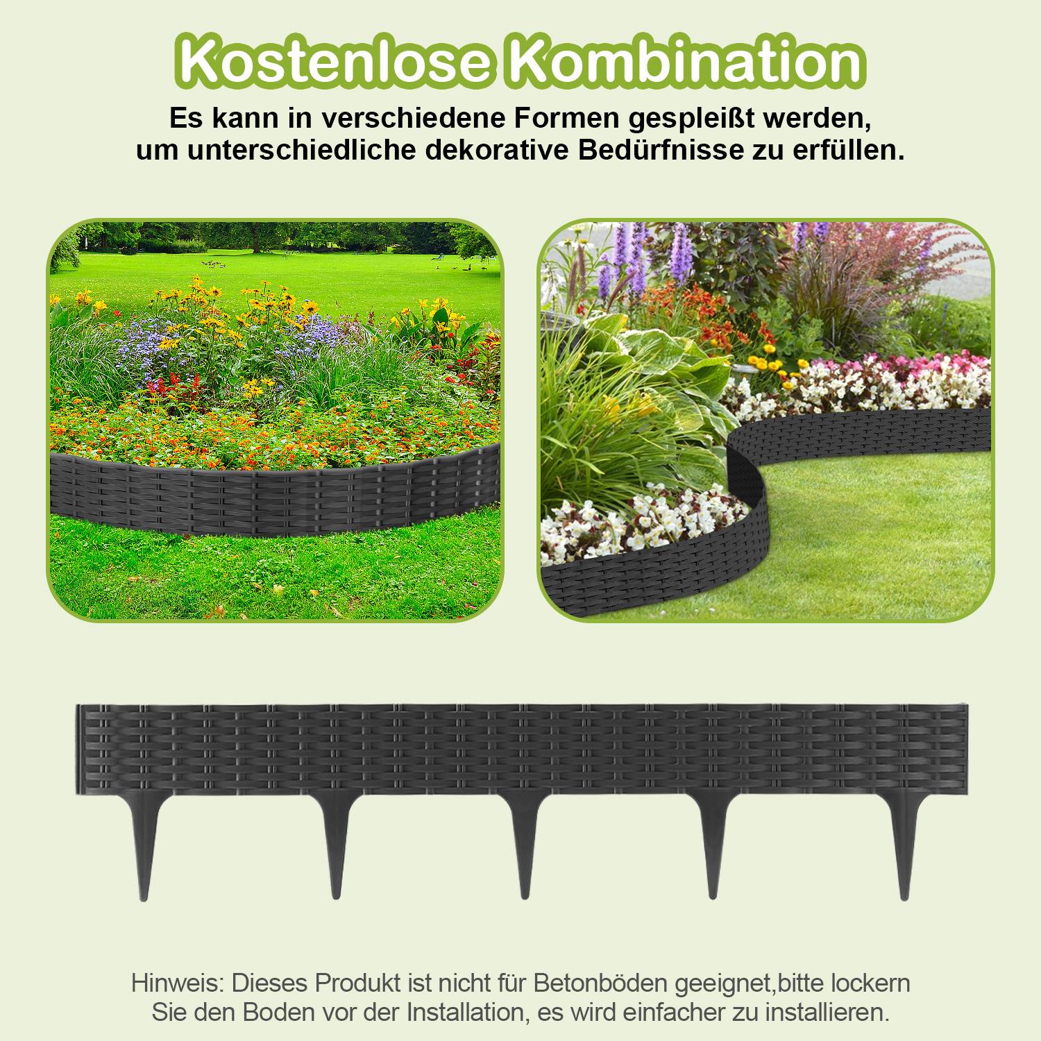Rasenkante 50 Stücke 50m Beeteinfassung Rattan-Optik Mähkante Wegbegrenzung Beetumrandung Palisade Kunststoff Anthrazit